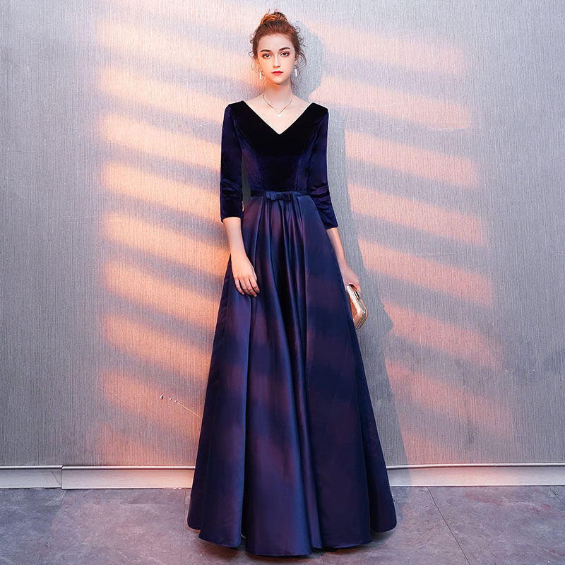 宴會絲絨晚禮服年會主持人秋季高貴優雅氣質名媛顯瘦長款連衣裙