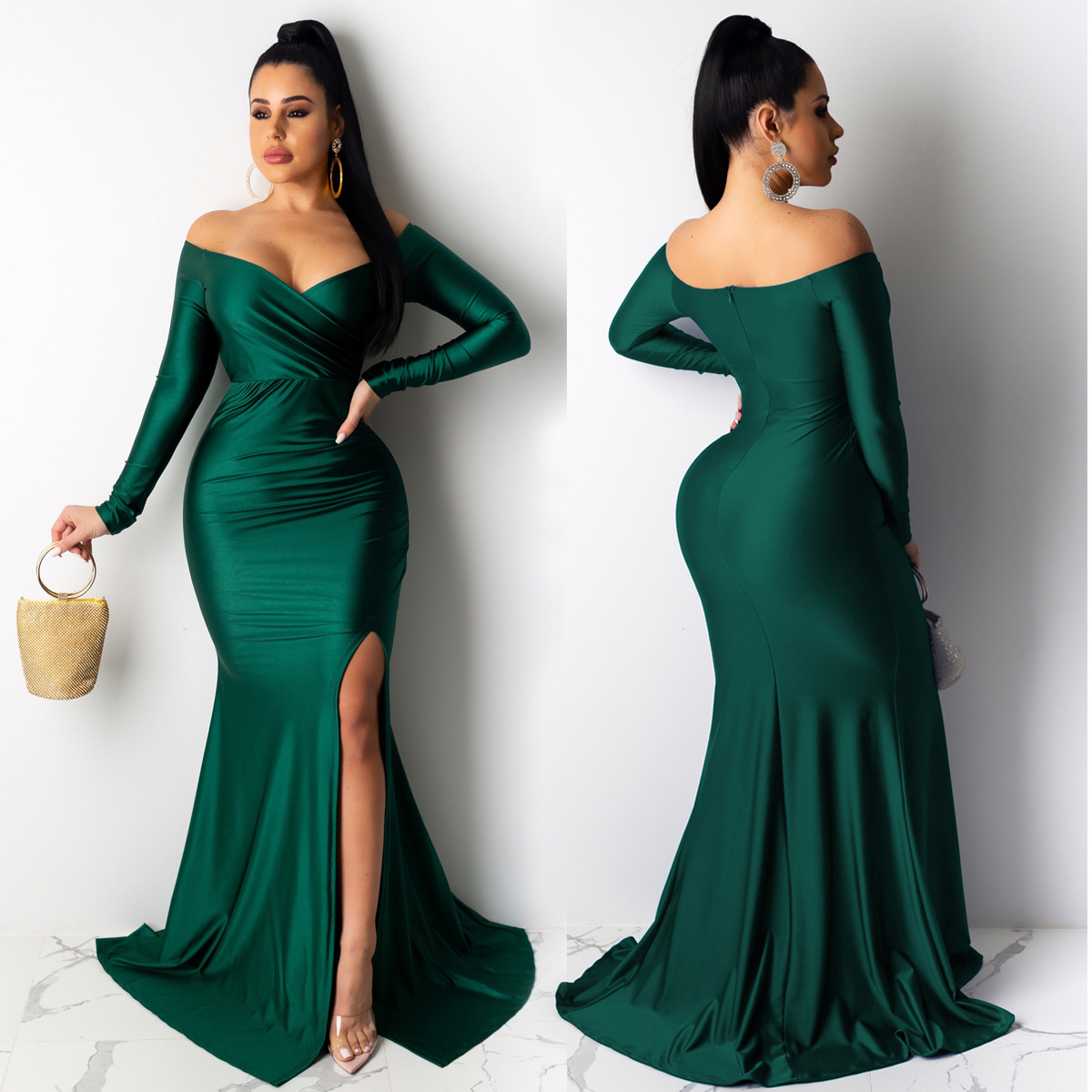 Al143 cross border European and American women's sexy dress night club V-neck gift dress solid color large split long skirt autumn and winter long sleeve Lady Dress