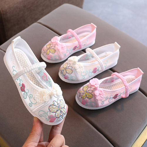 Children's breathable mesh shoes with Chinese style, embroidered girl's shoes, ethnic style, old Beijing Hanfu cloth shoes, summer edition sandals