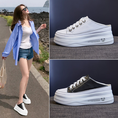 真皮懒人半拖女鞋外穿2020夏季新款厚底网红内增高小白|ru