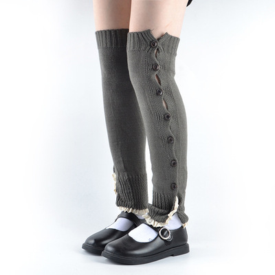 韩版针织女士袜套学生保暖过膝纽扣小花边长款腿套堆堆袜大象袜套|ru
