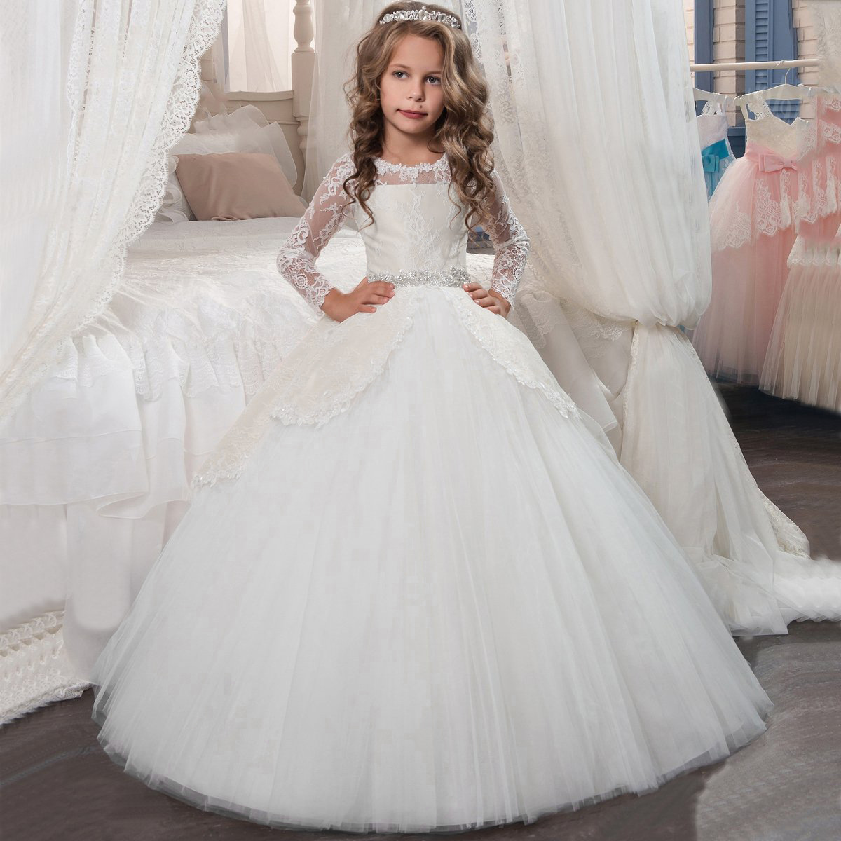 Vestidos de novia para niñas de estilo europeo y americano para comercio transfronterizo, vestido largo de princesa con encaje y mangas largas para otoño e invierno, ropa infantil.