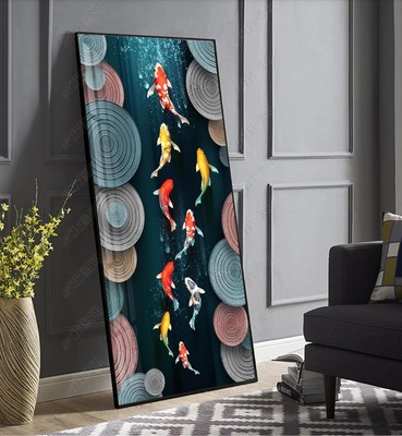 新中式客厅餐厅挂画九鱼图转好财运玄关背景墙冰晶晶瓷画铝合金框