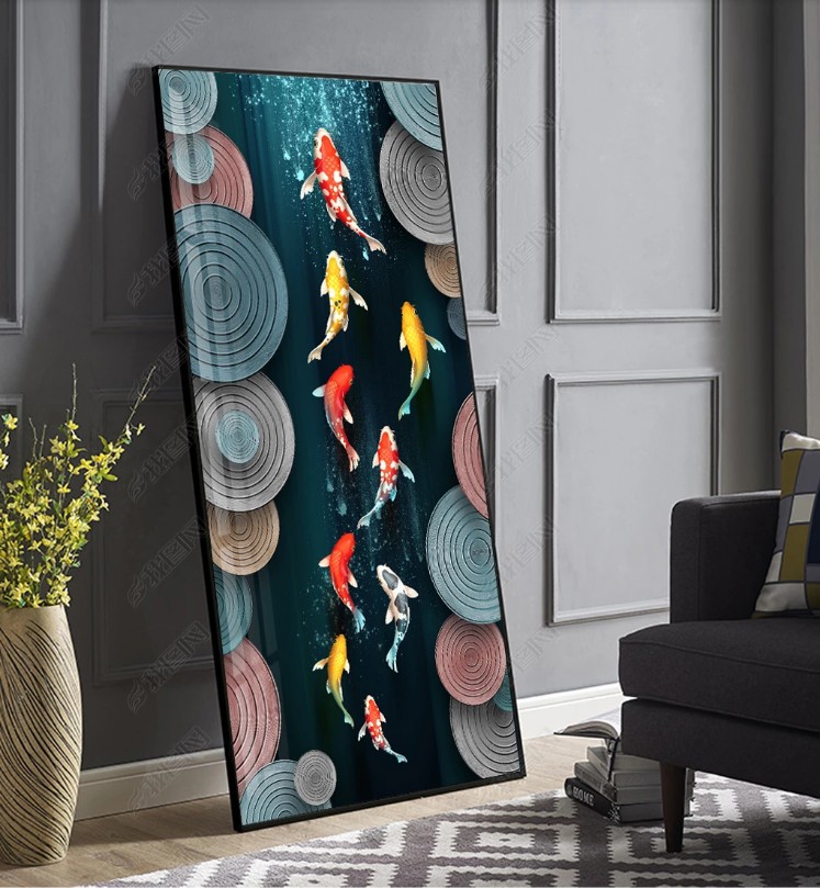 新中式客厅餐厅挂画九鱼图转好财运玄关背景墙冰晶晶瓷画铝合金框