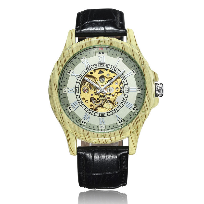 SEWOR hombres de negocios reloj mecánico automático de madera correa de cuero hueco transparente inferior mecánico reloj de madera maciza 001