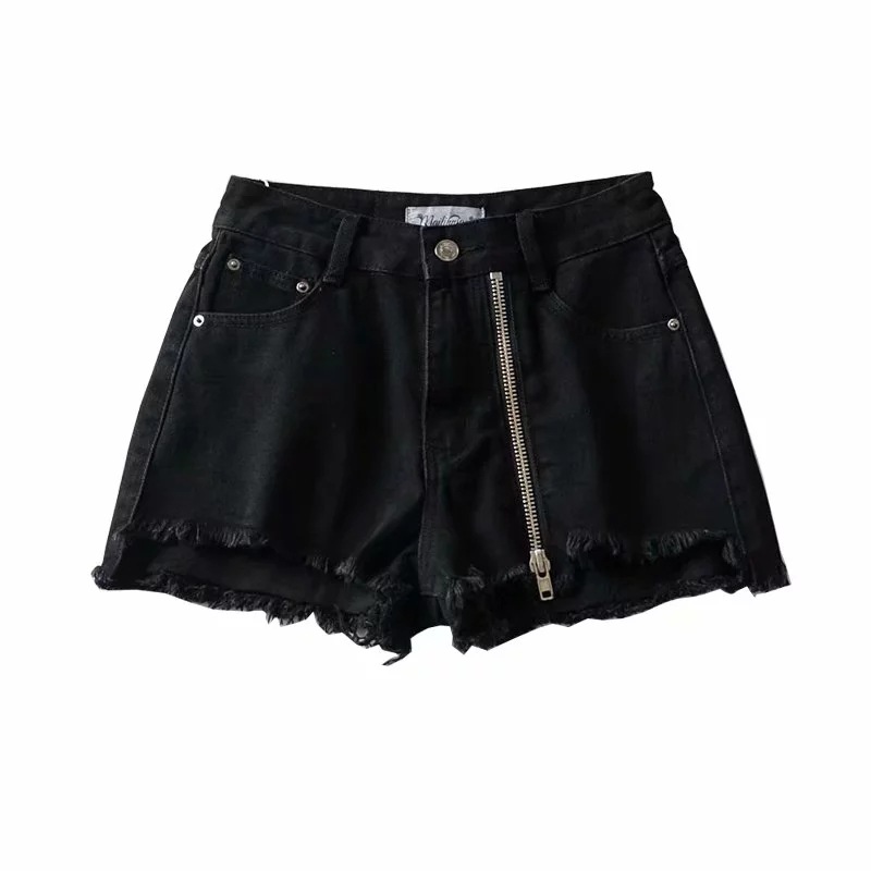 side zipper slit high-waisted raw-edge denim shorts  NSAC16284