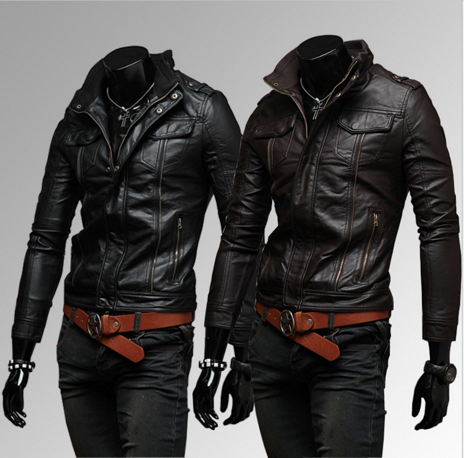 Men's Clothing Autumn and Winter New Pockets Multi zipper Men's Stand Collar Motorcycle Leather Jacket Leather Jacket A153_desvips.com