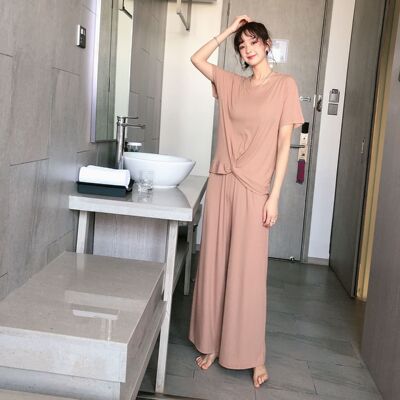 韩版两件套女睡衣夏季薄款家居服短袖长裤居家服套装一件代发|ru