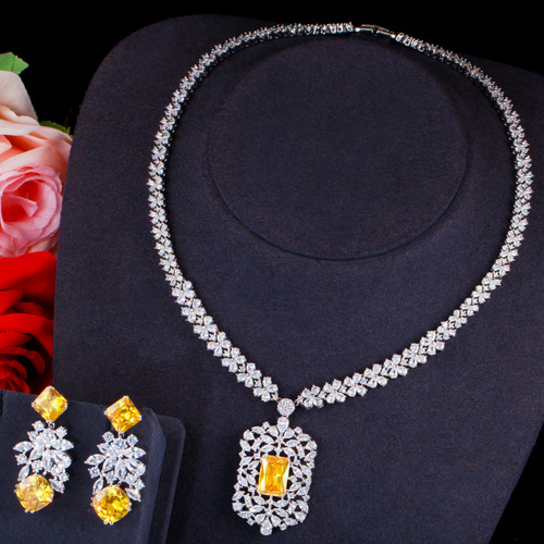 Wholesale Korean-style bridal diamond necklace earrings set chain wedding banquet evening party jewelry set multiple colors available