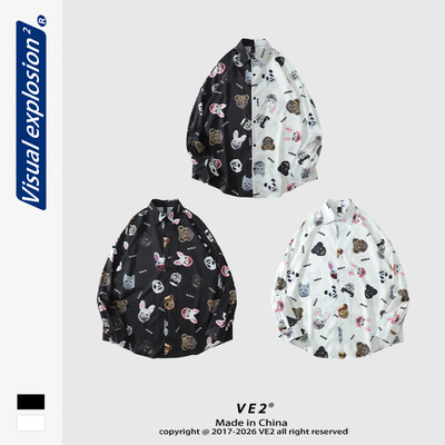 跨境外贸丨VE2秋季新款ins动漫满印衬衫男女同款宽松开衫长袖外搭