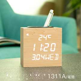 创意笔筒闹钟 LED声控木头台钟个性数字文具收纳时钟时尚电子礼品