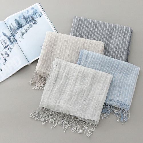 New summer products, Japanese linen scarf, square scarf, fashionable and versatile striped cotton and linen shawl, beach sun protection silk scarf