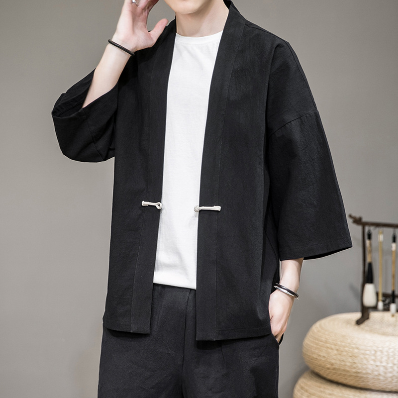 Summer new men's solid color Hanfu national style button loose large size 7 / 3 sleeve cardigan coat men's thin jacket