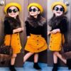 Fluffy collar solid color pit stripe sweater + open bag skirt 2-piece set