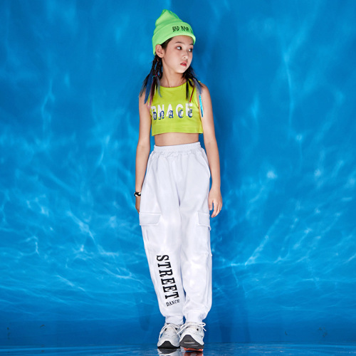 Girls jazz rapper singer street hip hop dance costumes cool jazz dance hip-hop clothing children fashion tide outfits girl shows green vest and pants