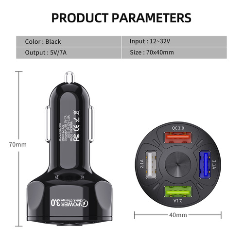 快充车载充电器 3.1A一拖四QC 3.0 qc3.0汽车手机充电器 4usb车充