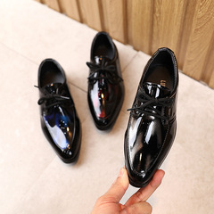 Boys' leather shoes spring and autumn 2023 British style fashion low-heeled student performance shoes children's pointed toe lace-up leather shoes