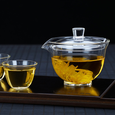 三才玻璃茶盖碗手抓彩色泡茶功夫茶具套装大茶杯耐热带盖耐热玻璃