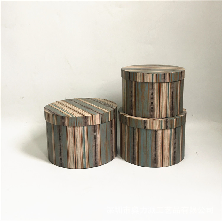 现货  自然木纹 圆形礼品盒三件套 鲜花抱抱桶 圆桶花盒 鲜花礼盒