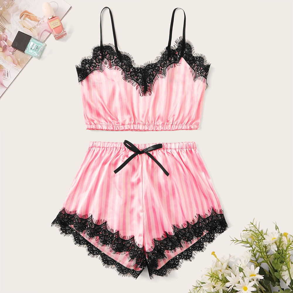 New Sexy Lingerie Pink Satin Striped Underwear Lace Sexy Bra Set display picture 1