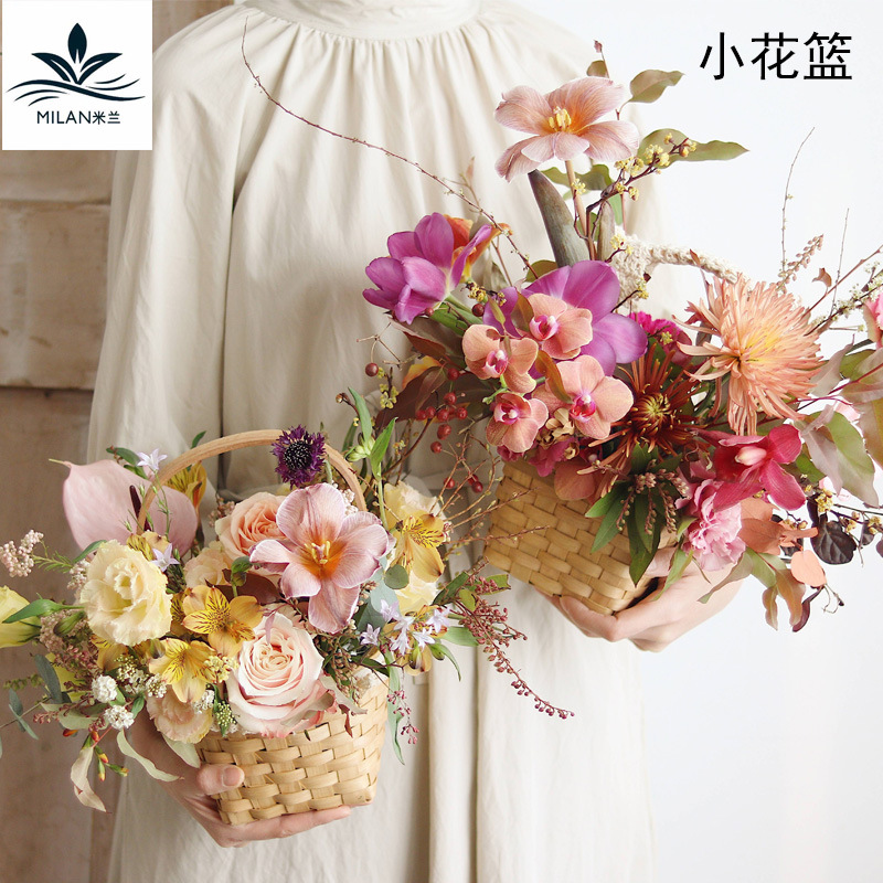 Día de la madre encaje pequeña flor cesta de ratán de mano jardín calabaza cesta viruta de madera tejida flor floral arreglo cesta flor embalaje