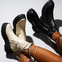 跨境外貿女靴2020冬歐美新款粗跟圓頭厚底高筒舒適腳環綁帶馬丁靴