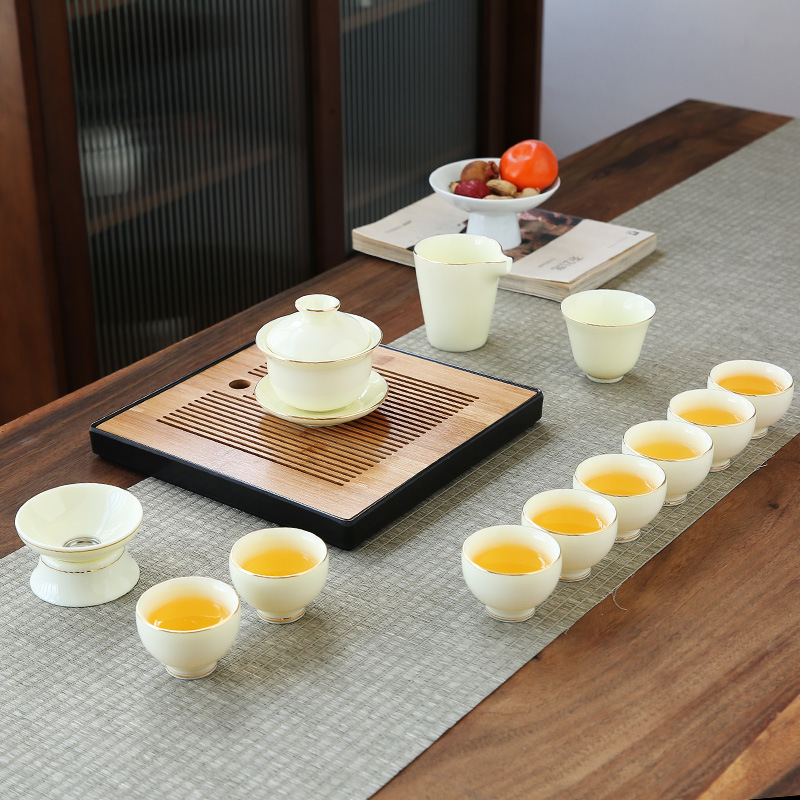 德化寶石黃茶具功夫茶具套裝家用羊脂玉茶具商務禮品整套定制LOGO