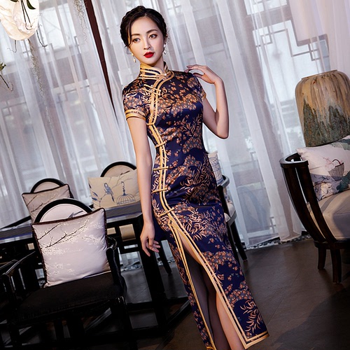 Chinese Dress cheongsam for womenMeiluolan cheongsam knee length slit short sleeve cheongsam retro dress cheongsam