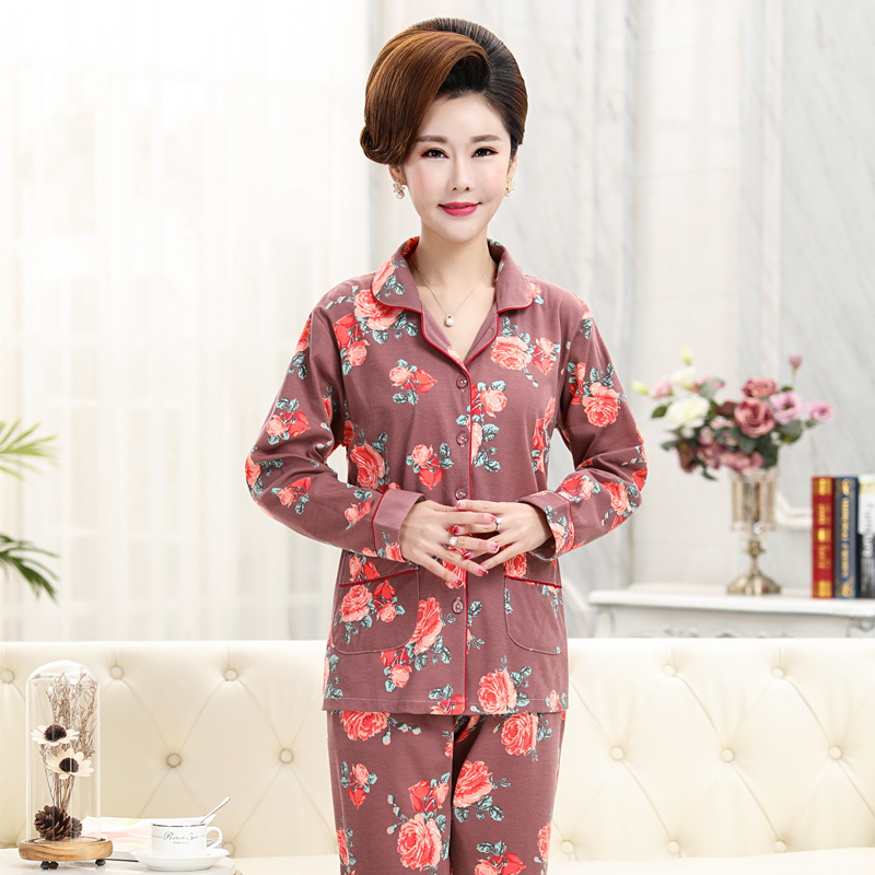 100% algodón pijamas de mujer primavera y otoño pantalones de manga larga cardigan de mediana edad mamá traje de invierno homewear