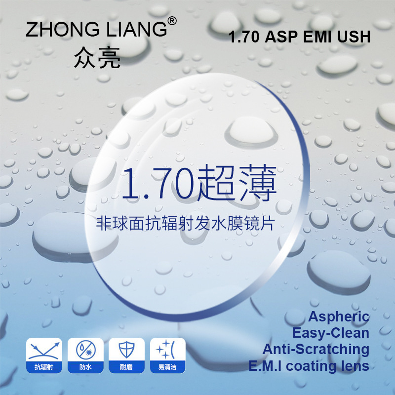 1.71, 1.70 double aspheric anti-blue radiation resin spectacle lens myopia plus hard super water Green film Blue Film