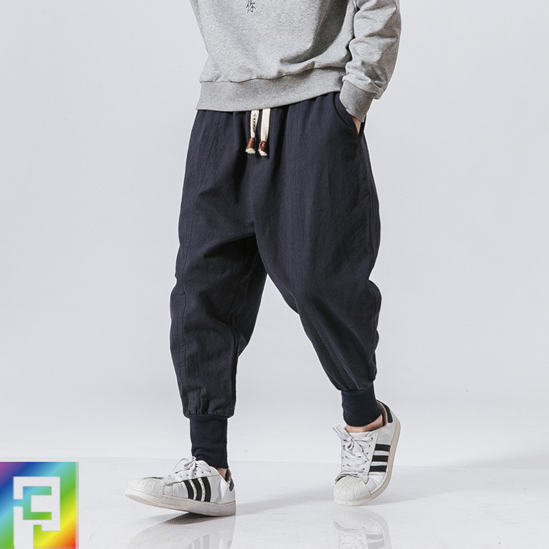 Japanese cotton-linen stretch men's casual pants with Chinese style, Korean-style fashionable youth ankle-length harlon pants