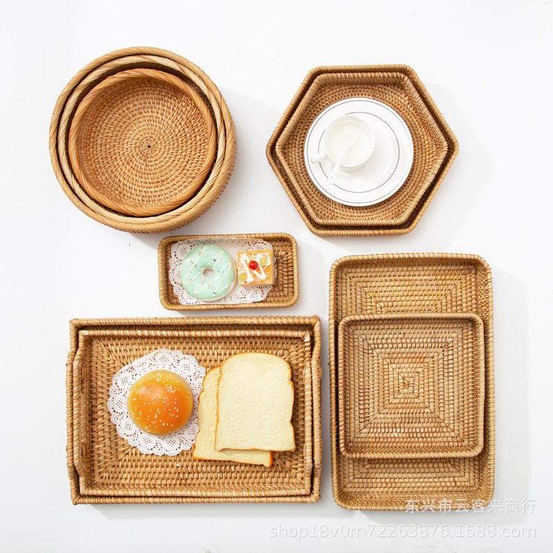 藤編托盤油炸歐式水果盤雙耳竹編點心小吃盤日式盤子早餐籃編織筐