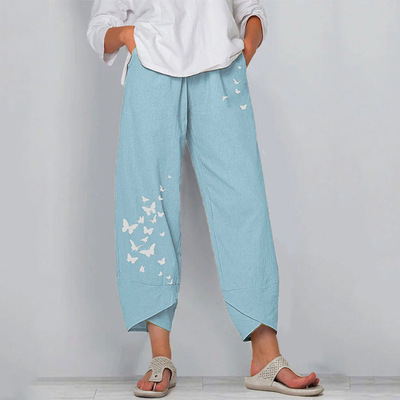 Cross-border Amazon Wish European And American Summer Casual Loose Cotton And Linen Butterfly Print Wide-leg Pants Female 3199