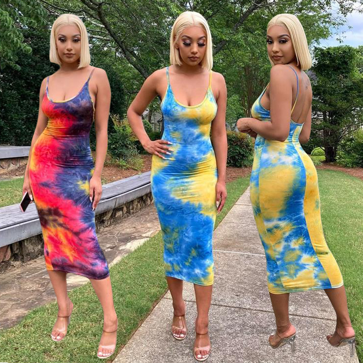 Sexy Sling Printed Tie-Dye Halter Dress Nihaostyles wholesale clothing vendor NSOJS76425