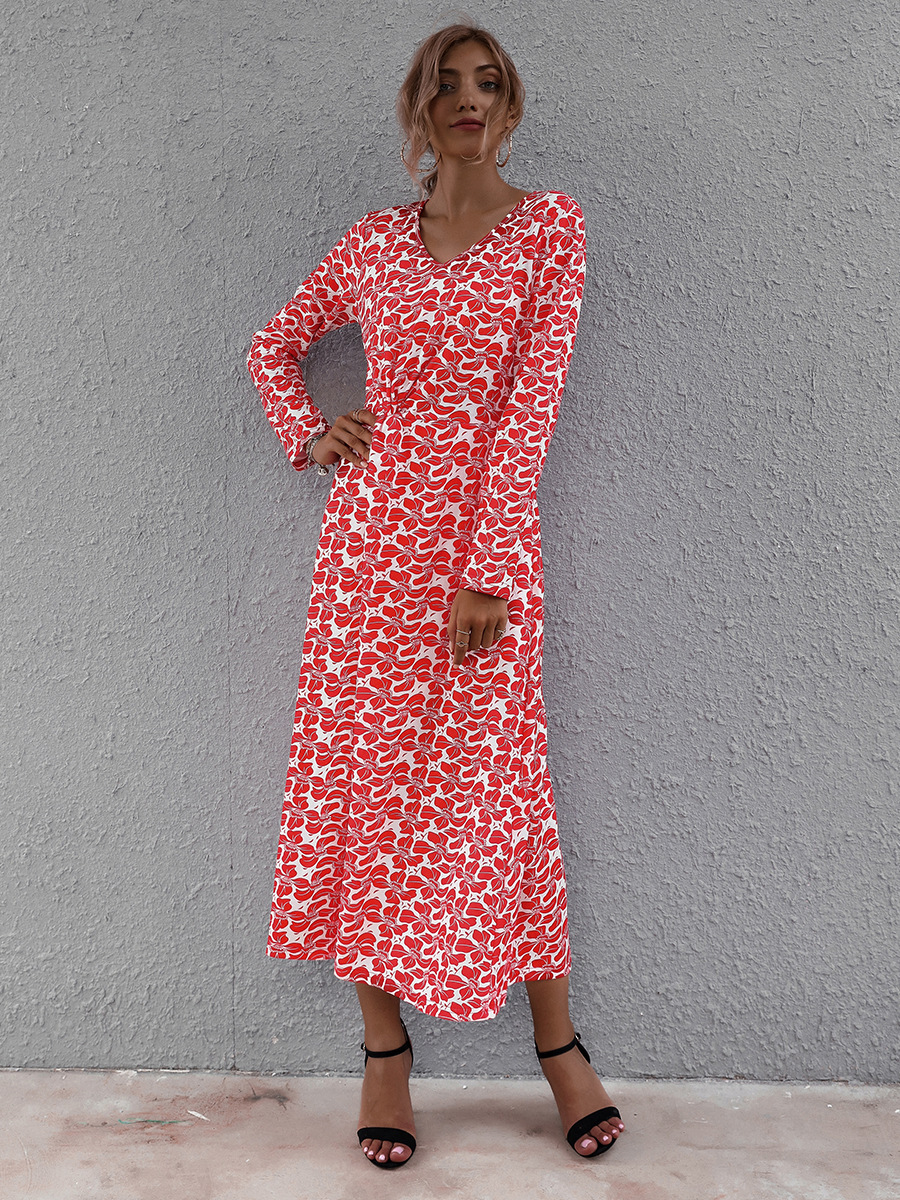 ladies V-neck printed long-sleeved dress NSAL2596