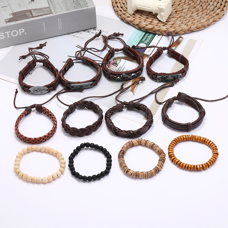 new retro woven leather wooden bead bracelet set