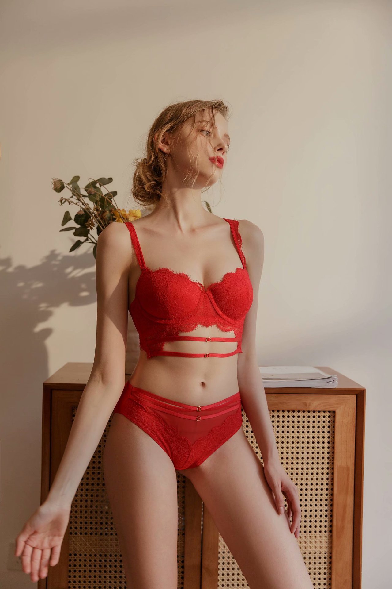 New French Sexy Lace Overlay with Steel Ring Gathering Large Women's Bra Set_voghion.com