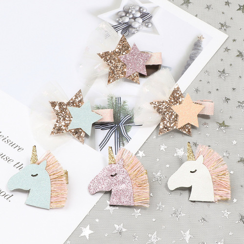 20904 Children's Unicorn Decorative Hairpin Glitter Bow Star Hair Accessories New Baby Hair Accessories Pressure Clip