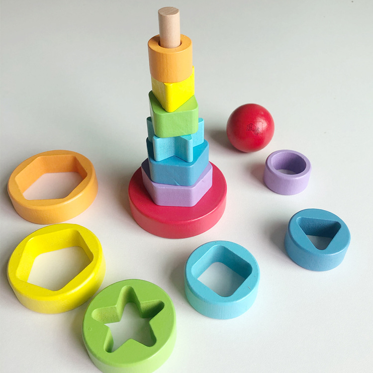 Arco iris jeenga anillo plegable torre plegable columna alta juguetes de madera para niños venta al por mayor tamaño pequeño arco iris torre bloques de construcción