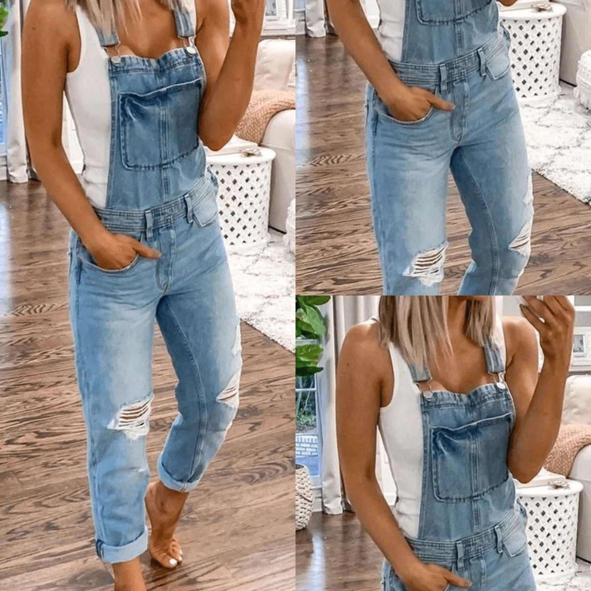 holes washed slim fit overalls bib denim trousers NSRF64749