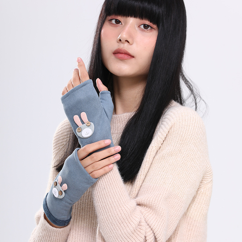 秋冬半指麂皮绒保暖手套女纯色双层韩版手套可爱加绒现货包邮手套