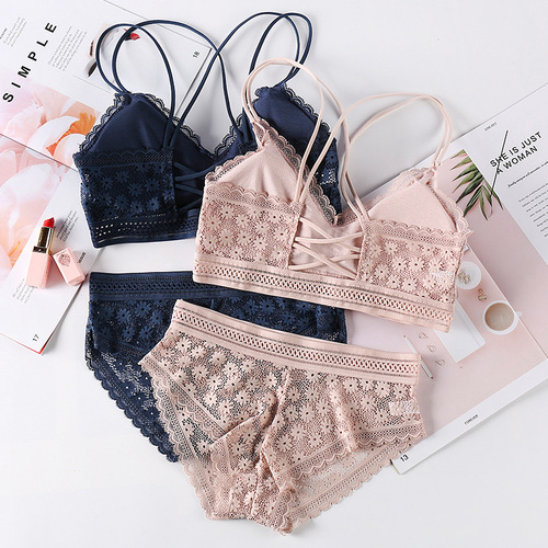 Lace Underwear Set New Fashion Cross Shoulder Straps Push-Up Wireless Bra Women's Underwear One Piece Dropshipping