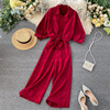 Suspender pleated wide leg Jumpsuit + stand collar short sleeve cardigan shirt