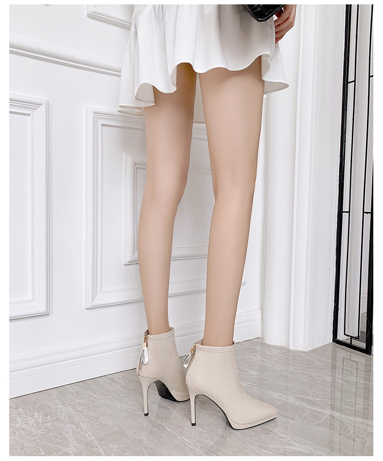 Boot cổ ngắn nữ da bò gót nhọn 10 cm mùa thu đông — Lớp lót nhung đen chi tiết 8