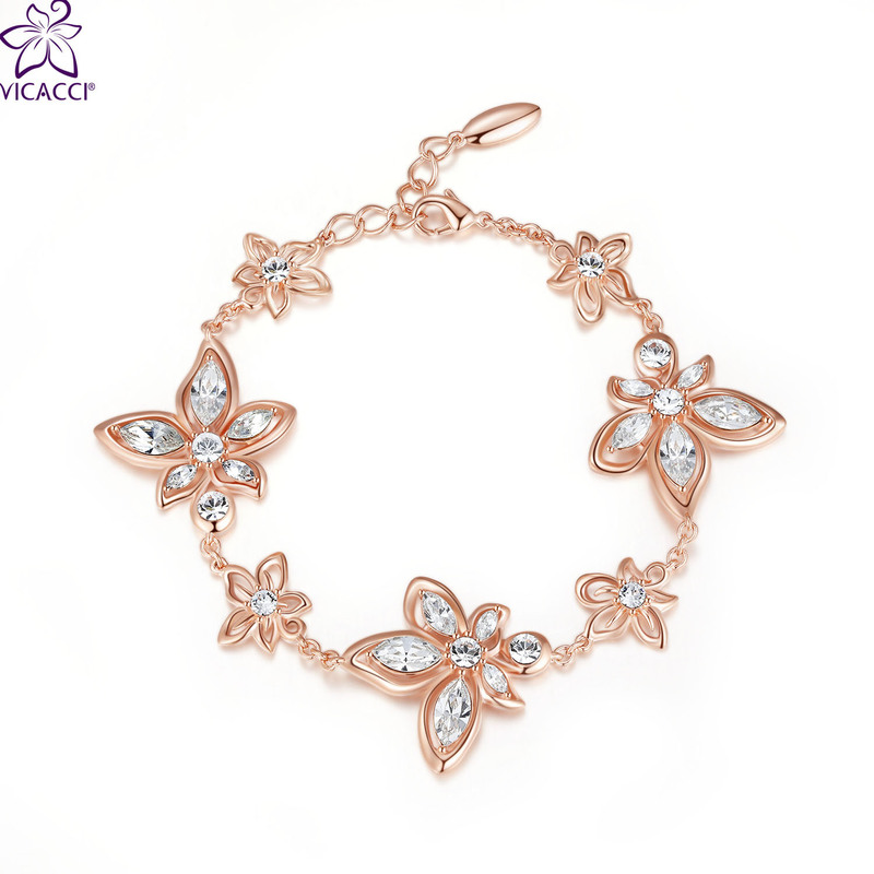 Vikaki 18K Rose Gold Bauhinia Flower Bracelet Heart-Shaped Crystal Uses Swarovski Crystal Elements