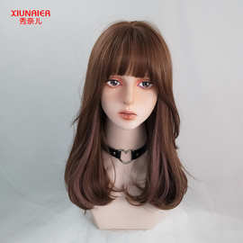 厂家直销锁骨发梨花头巧克力棕色挑染长发微卷韩式刘海气质全头套