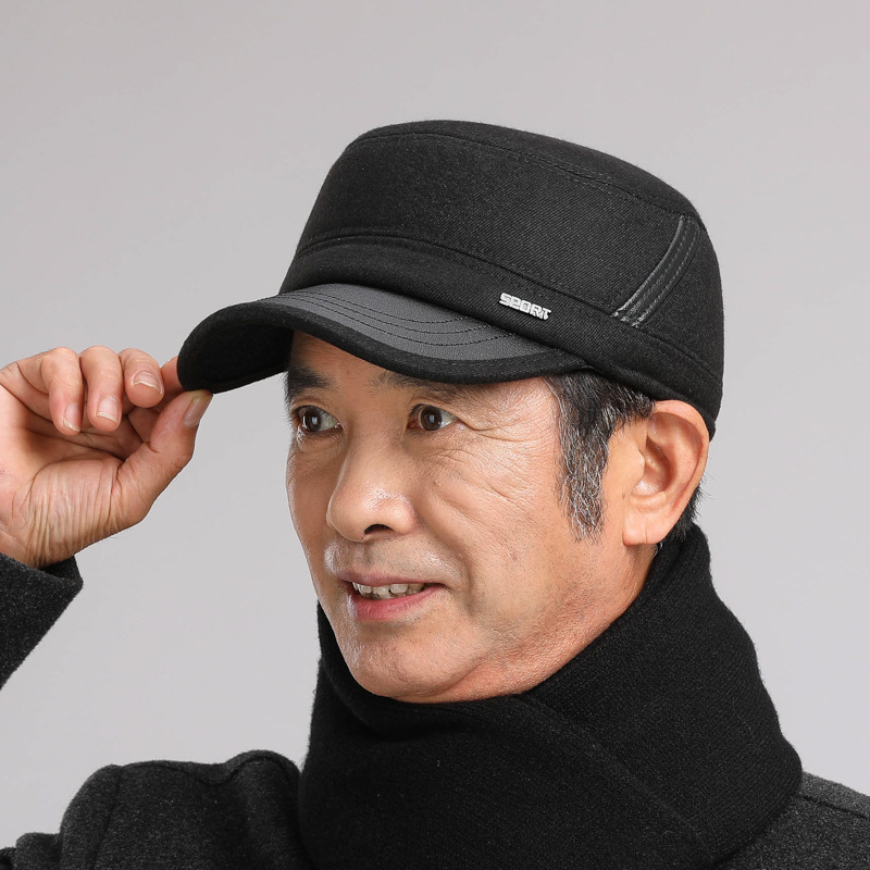 Cappelli da uomo di mezza età in inverno, papà piatto con protezione per le orecchie, anziani per il calore autunnale e invernale, nonno vecchio_voghion.com
