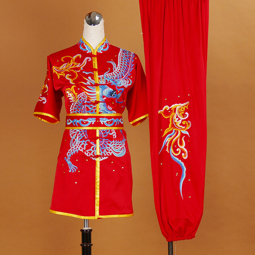 Tai chi clothing chinese kung fu uniforms High grade embroidered martial arts suit Changquan training competition costume dragon flying routine competition suit short sleeve red men and women