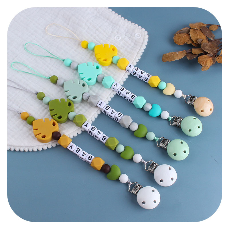 Bebé Hemu chupete clip nombre del bebé calmante hoja de silicona chupete cadena Amazon nueva venta caliente