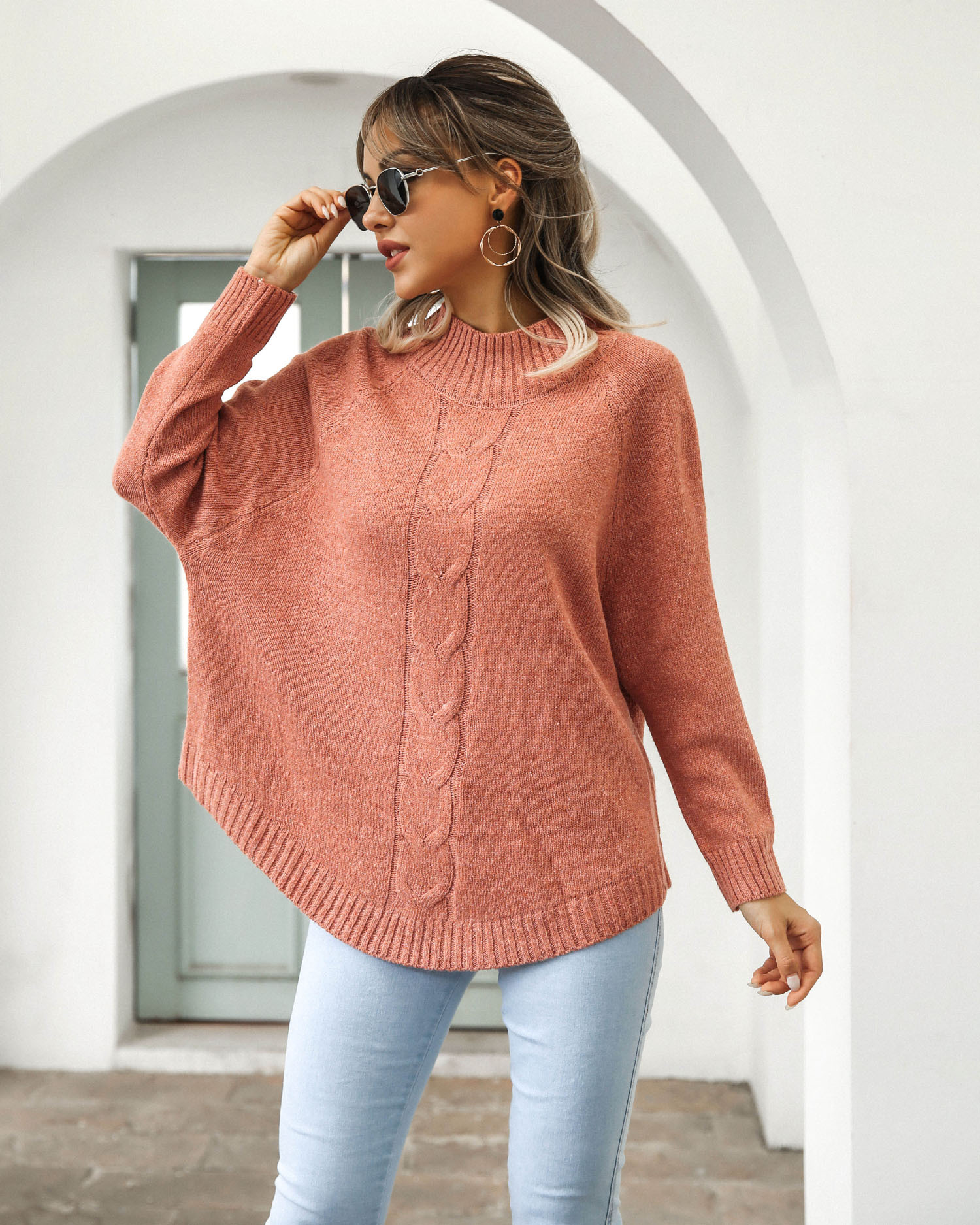 round neck twist knit pullover sweater NSMY15942